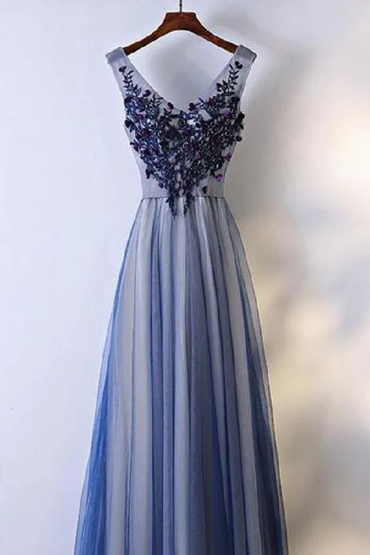 Exclusive Deals Just for You!A-line V-neck Floor-Length Tulle Appliqued Beaded Prom Dresses PG516