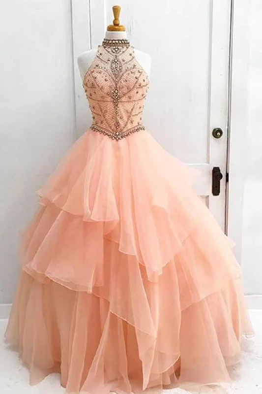 Your Chance to Save is Now!Ball Gown High Neck Orange Long Tulle Prom Dress with Beading PG521