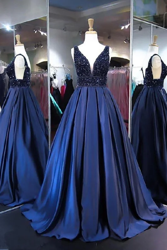 Price Drop Alert!Ball Gown V Neck Satin Long Prom Evening Dresses With Beading  PG525