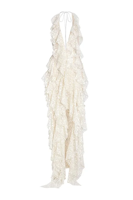 Shop Before It’s Gone!Berry Asymmetric Halter Neck Lace Maxi Dress