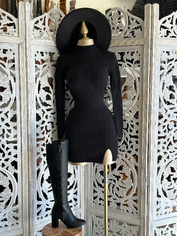 Hot Deals You Can’t Resist!Black Sweater Mock Neck Mini Dress