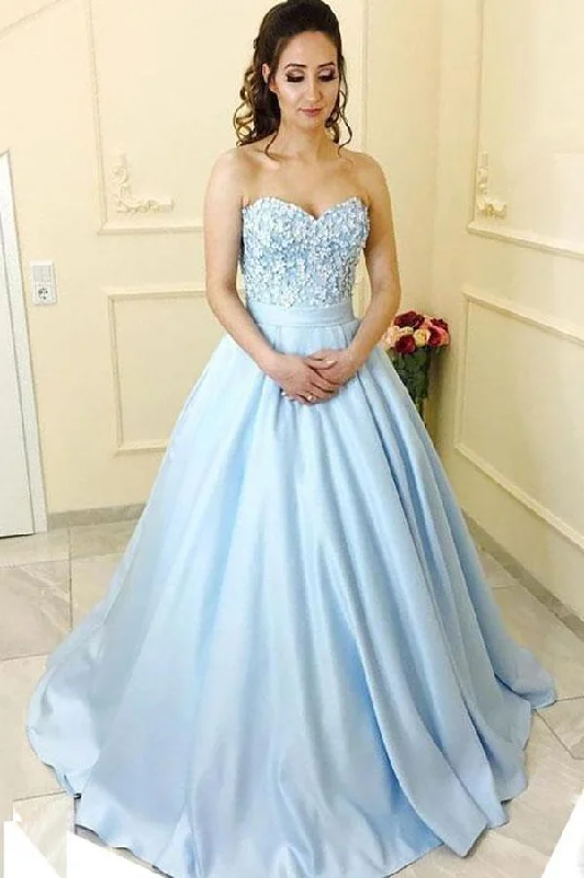 Today Only – Don’t Miss It!Blue Satin A-line Princess Sweetheart Neck Strapless Long Prom Dresses PG511