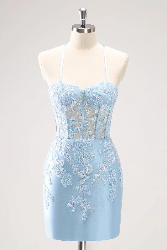 Hot Deals You Can’t Resist!Blue Spaghetti Straps Corset Applique Tight Graduation Dress with Sequins