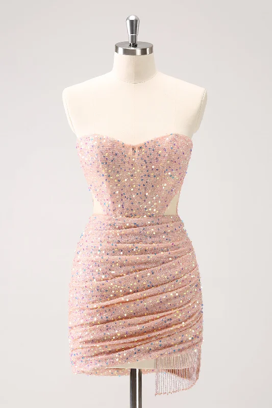 More Discounts, More Joy!Blush Bodycon Strapless Hollow Out Sequins Ruched Graduation Dress with Tassel