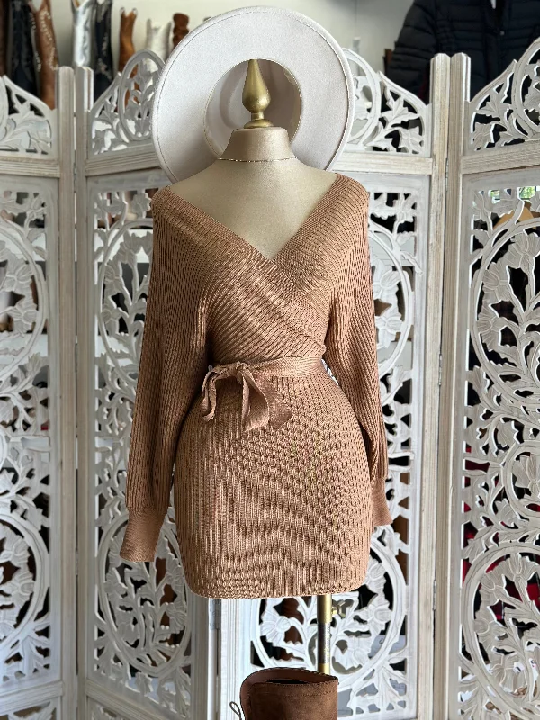 Must-Have Deals Inside!Camel Brown Wrapped Sweater Dress with Belt