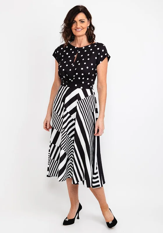 Save More When You Shop More!Casting Polka Dot & Line Print Dress, Black & White