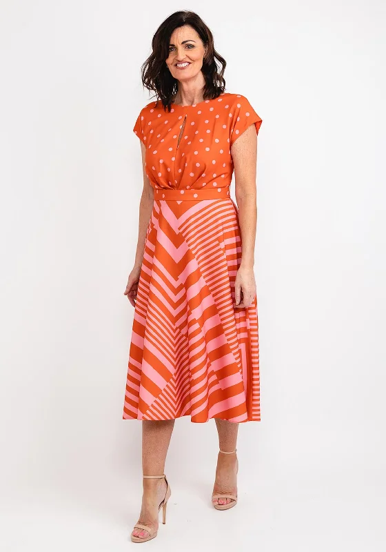 Time to Save Big!Casting Polka Dot & Line Print Dress, Orange & Pink