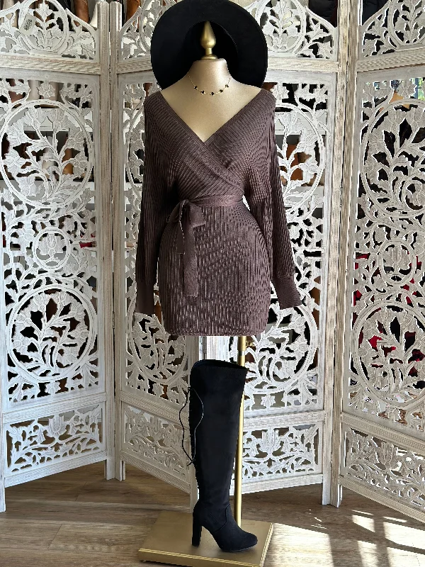 Get the Best for Less!Coco Brown Wrapped Sweater Dress with Belt