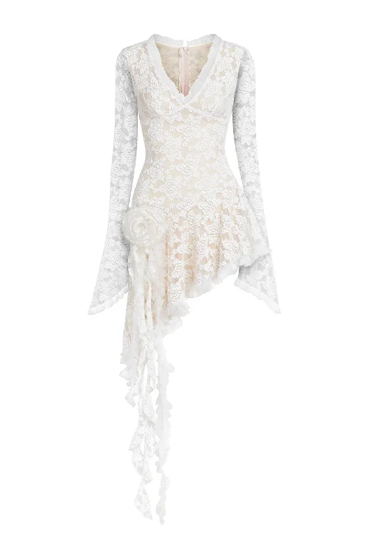 Save Money, Shop Happy!Cuevas Asymmetric Poet Sleeved Lace Mini Dress
