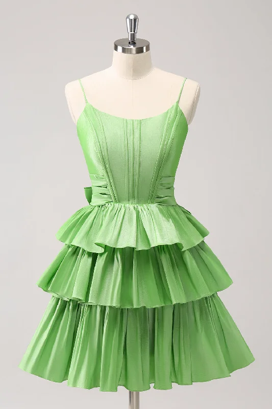 Limited-Time Price Drop!Cute A Line Corset Green Pleated Tiered Short Graduation Dress with Bows