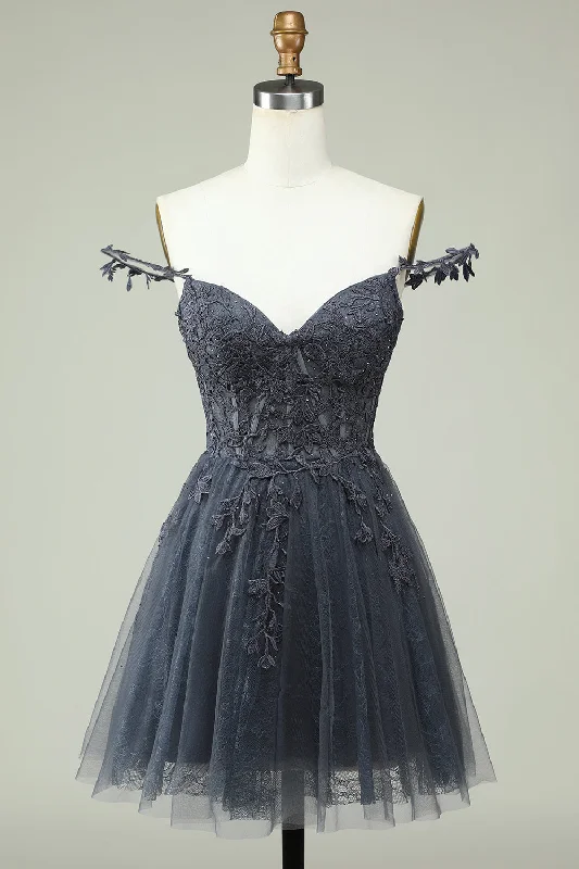 One Day Only – Huge Savings!Cute A Line Spaghetti Straps Grey Short Prom Dress with Appliques