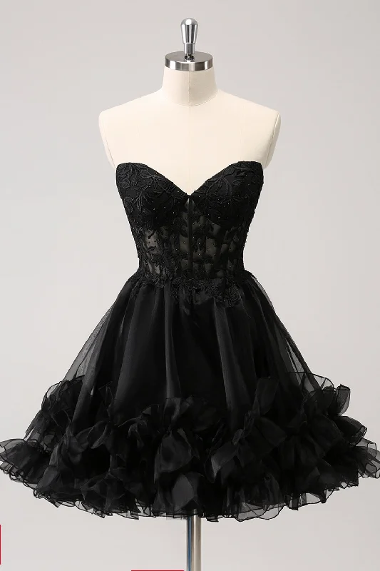Your Chance to Save is Now!Cute Black A Line Corset Strapless Ruffled Short Graduation Dress