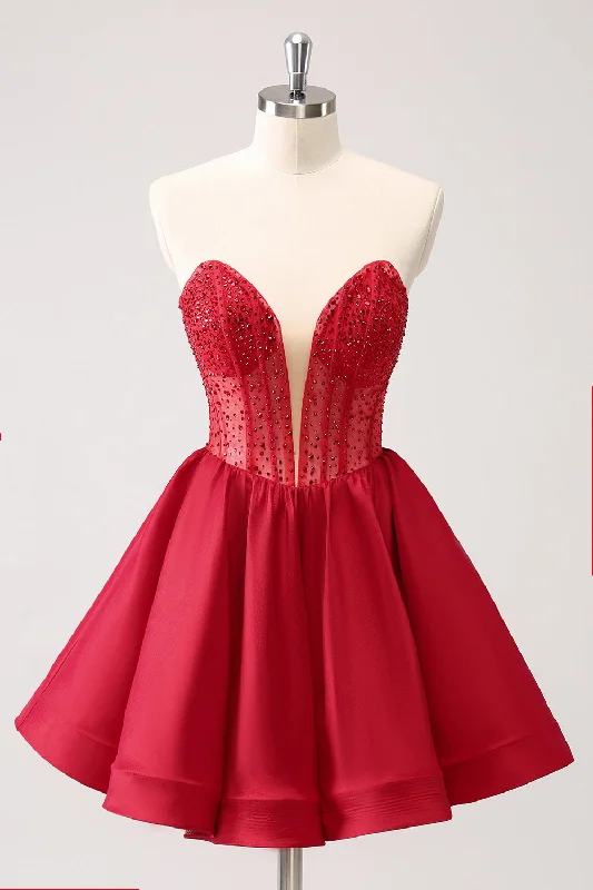 Save Money, Shop Happy!Cute Red A Line Strapless Ruffle Short Graduation Dress with Beading