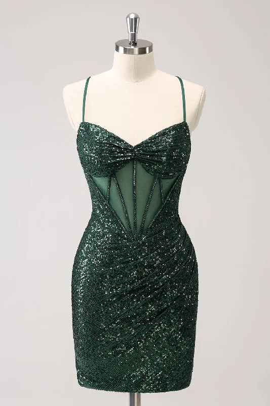 Special Offer – Act Fast!Dark Green Bodycon Spaghetti Straps Corset Short Graduation Dress with Sequins