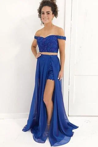 Sale Alert – Get Ready to Shop!Detachable Two Pieces Royal Blue Lace Off Shoulder Prom Dress PG557