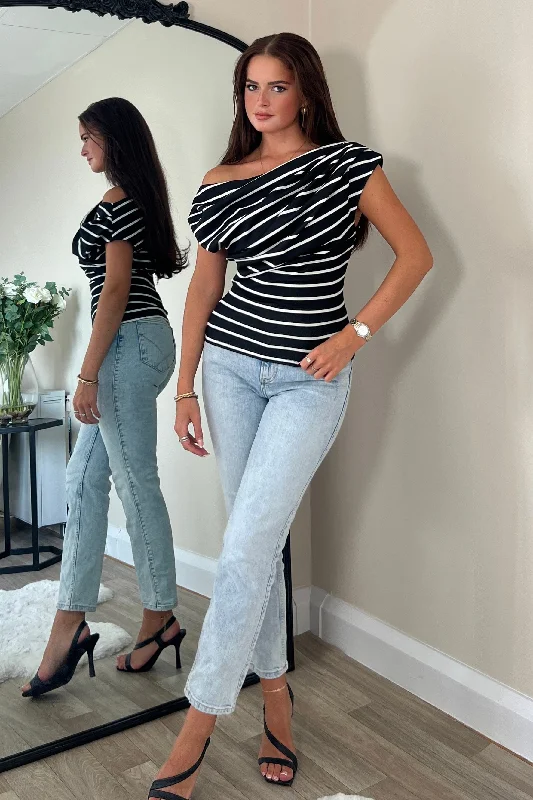 Incredible Savings Inside!Donna Asymmetric Black Stripe Top