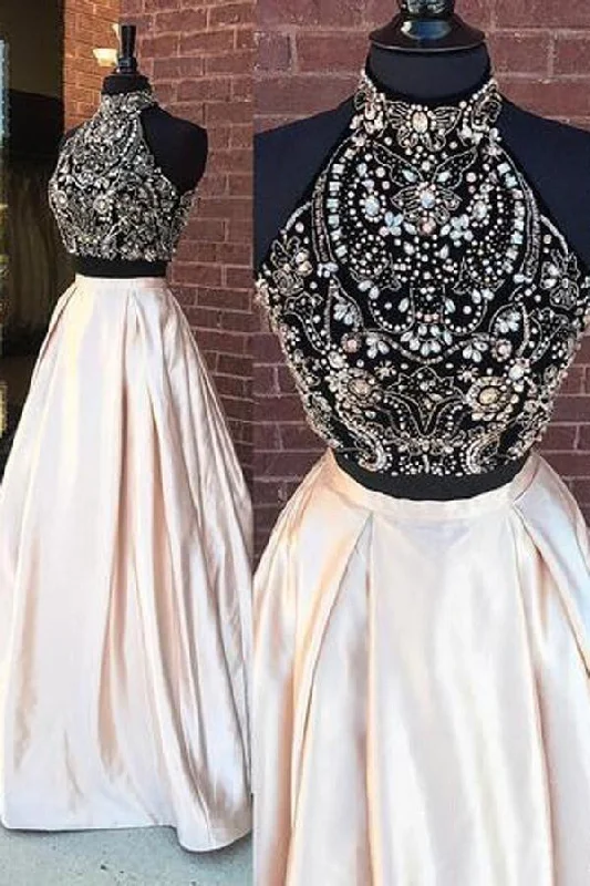 Mega Sale Happening Now!Elegant Two Pieces High Neck Beaded Long Prom Dresses PG513