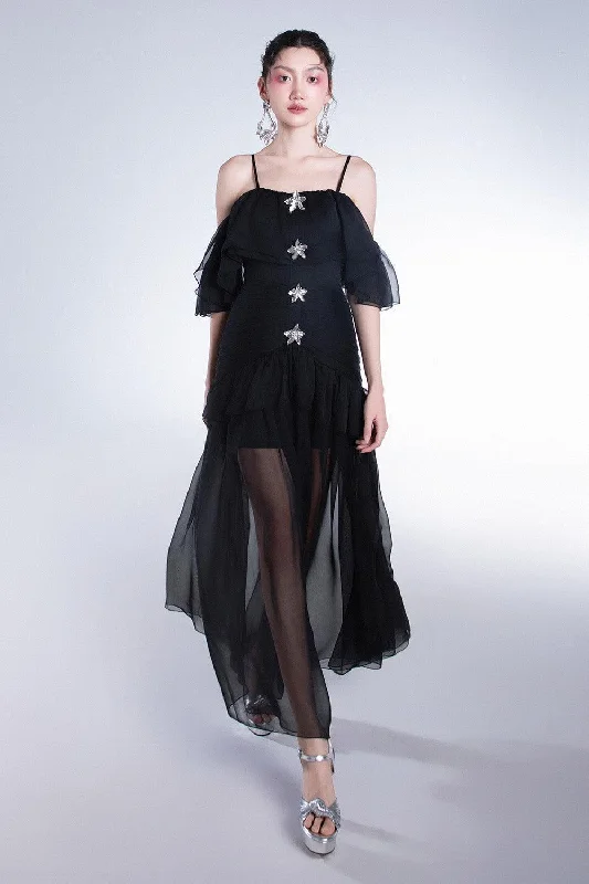 Your Favorite Sale is Back!Elizany Gathered Cold Shoulder Sleeved Organza Voile Ankle Length Dress