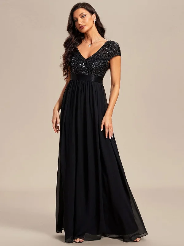 Grab Yours Before It’s Too Late!Empire Waist V-Neck Cap Sleeve Chiffon Formal Evening Dress