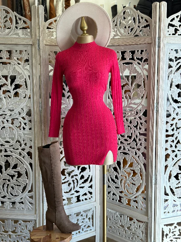 Seasonal Sale – Shop Now!Fluorescent Pink Sweater Mock Neck Mini Dress