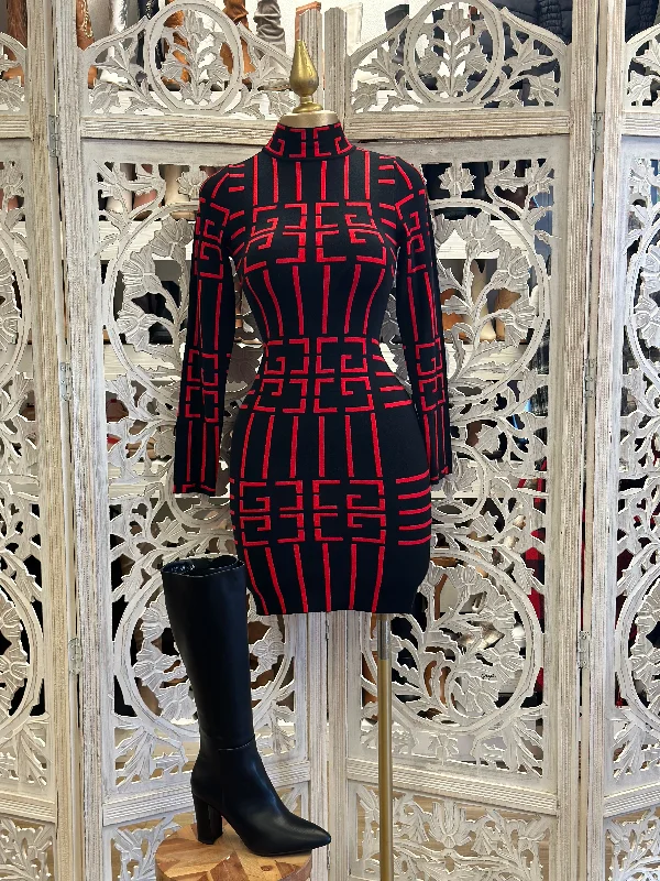 Great Deals, Just for You!Geometric Print Red Mock Neck Dress