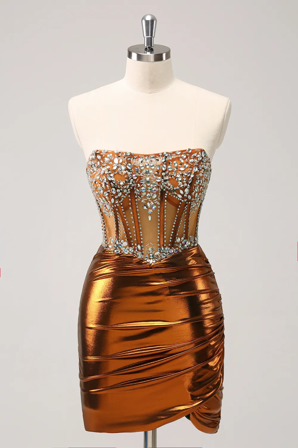 Instant Savings Await!Glitter Beaded Copper Corset Pleated Strapless Short Tight Graduation Dress
