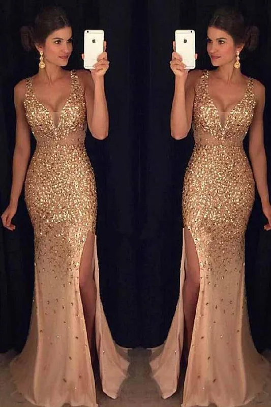 Seasonal Sale – Shop Now!Gorgeous Tulle V-neck Neckline Mermaid Evening Dresses With Beadings PG507