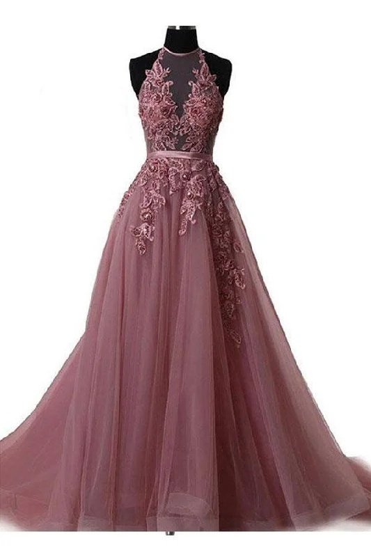 Get It Before It’s Gone!Halter Blush Train Simple Prom/Evening Dress With Lace Applique PG550