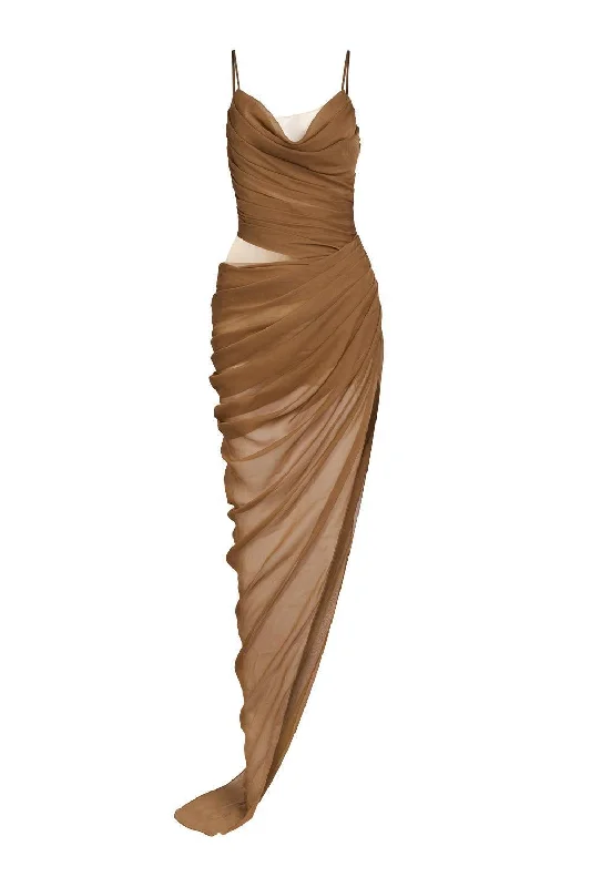 Crazy Discounts Inside!Harrell Asymmetric Pleated Mesh Spandex Floor Length Dress