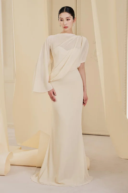 Incredible Savings Inside!Hattie Sheath Asymmetric Sleeved Chiffon Floor Length Dress