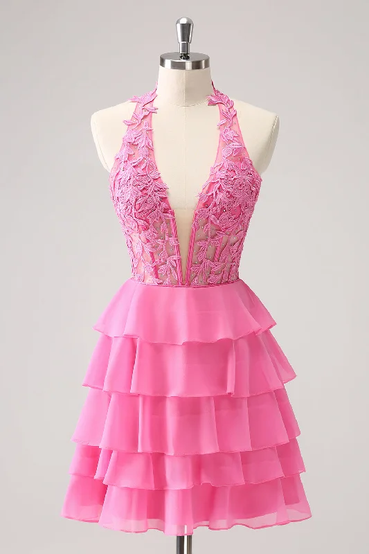 Snag the Best Prices Now!Hot Pink A Line Halter Tiered Corset Short Graduation Dress with Ruffles