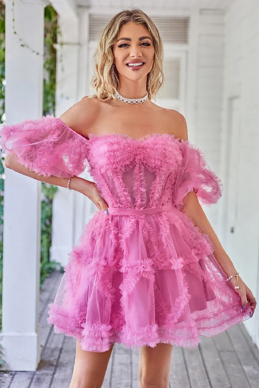 Time to Save Big!Hot Pink Off the Shoulder Tulle Short Prom Dress