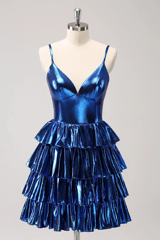 Get More, Spend Less – Shop Now!Ink Blue Spaghetti Straps A Line Tiered Short Graduation Dress