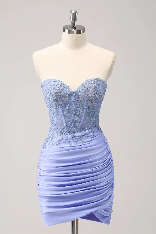 Must-Have Deals Inside!Lilac Strapless Corset Pleated Tight Graduation Dress with Appliques