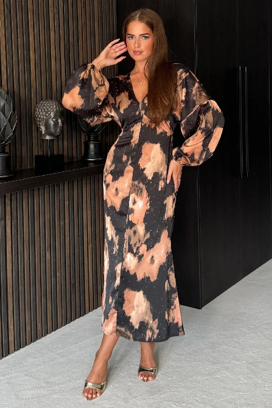 Stock Up and Save!London V Neck Long Sleeve Maxi Dress in Brown Abstarct Sparkle
