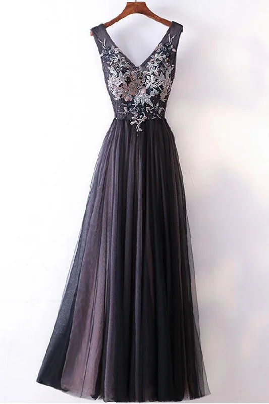 Get More, Spend Less – Shop Now!Long Prom Dresses Straps V-neck A-line Embroidery Sexy Gray Prom Dress  PG554