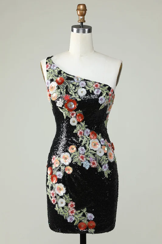 Your Chance to Save is Now!One Shoulder Black Sequin Beading Short Prom Dress