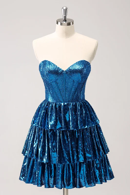 Sale Alert – Get Ready to Shop!Peacock Blue A Line Strapless Corset Tiered Short Graduation Dress