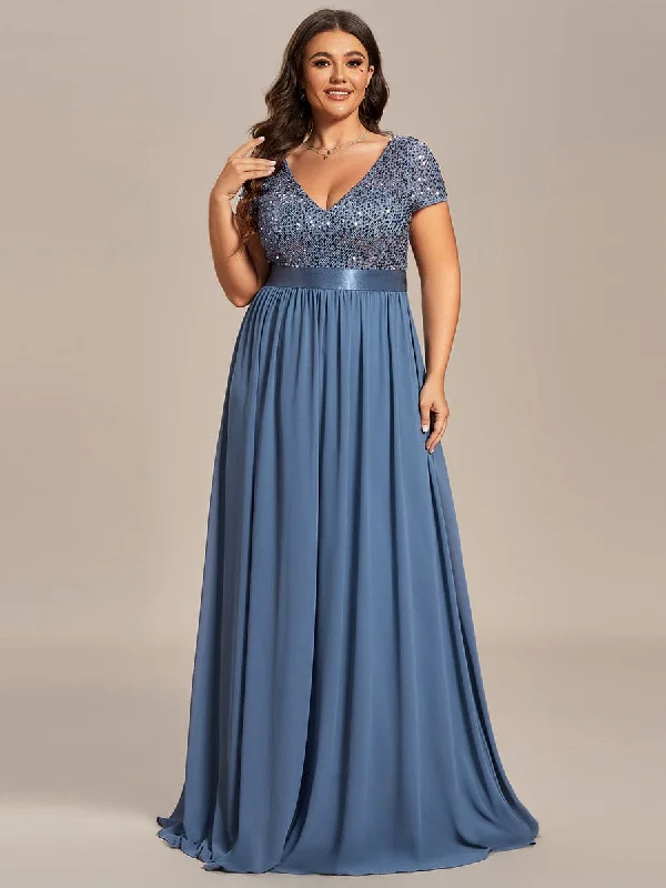 Time to Snag a Bargain!Plus Size Empire Waist V-Neck Cap Sleeve Chiffon Formal Evening Dress