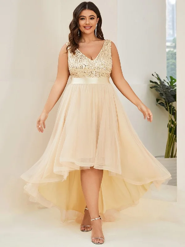 Don’t Wait – Shop Today!Plus Size Sleeveless Sequin Ribbon Waist Tulle High Low Evening Dress