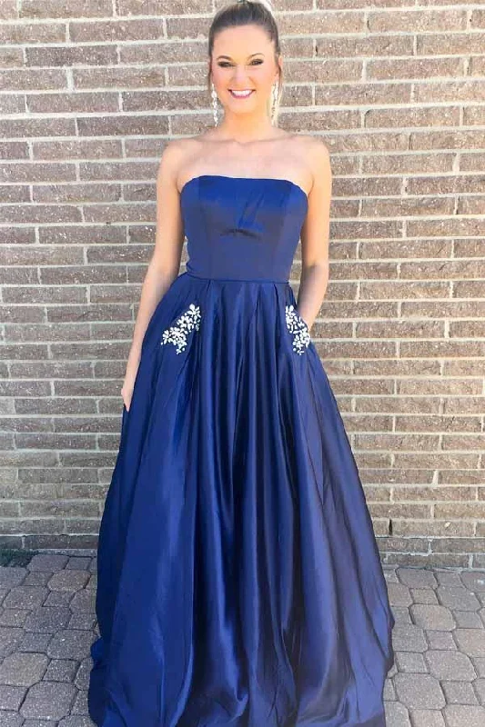 Limited Time Offer!Princess Strapless Royal Blue Long Prom Dress with Pockets  PG569