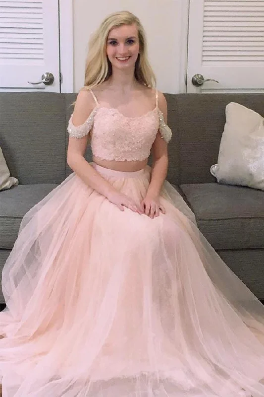 The Sale You’ve Been Waiting For!Princess Two Piece Pink Tulle Long Prom Dress Evening Dress  PG570