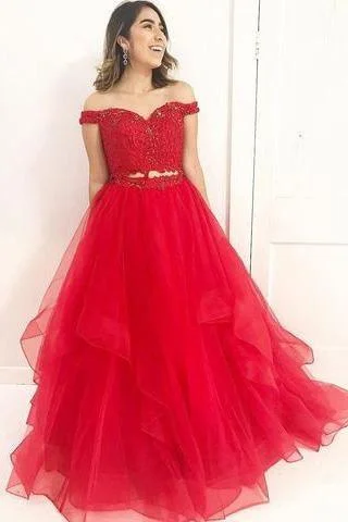 Save More Than Ever!Red Off Shoulder Lace Two Pieces A line Prom/Evening Dresses PG558