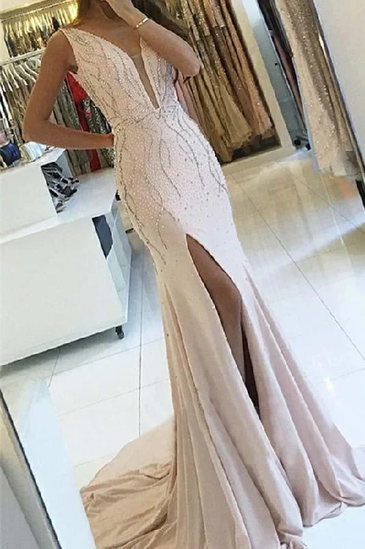 Special Offer – Act Fast!Sheath V-Neck Sweep Train Pearl Pink Backless Prom Dress with Beading PG519