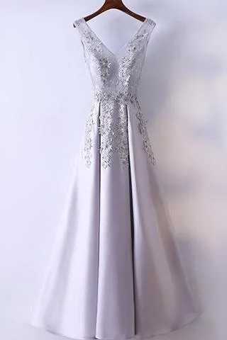Hurry! While Supplies Last!Silver Prom Dress Simple Lace A-line V-neck Long Prom Dress  PG553