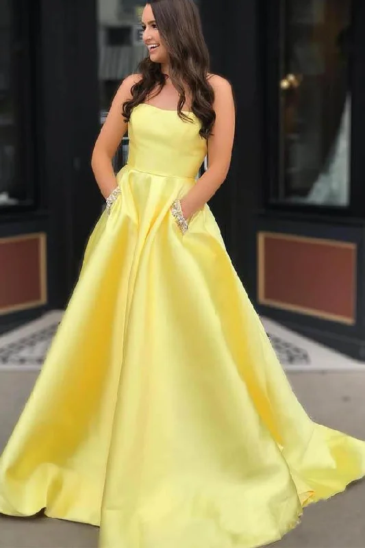 Unmissable Offers Await!Simple A-line Strapless Long Prom Dresses Evening Dresses With Pocket PG523