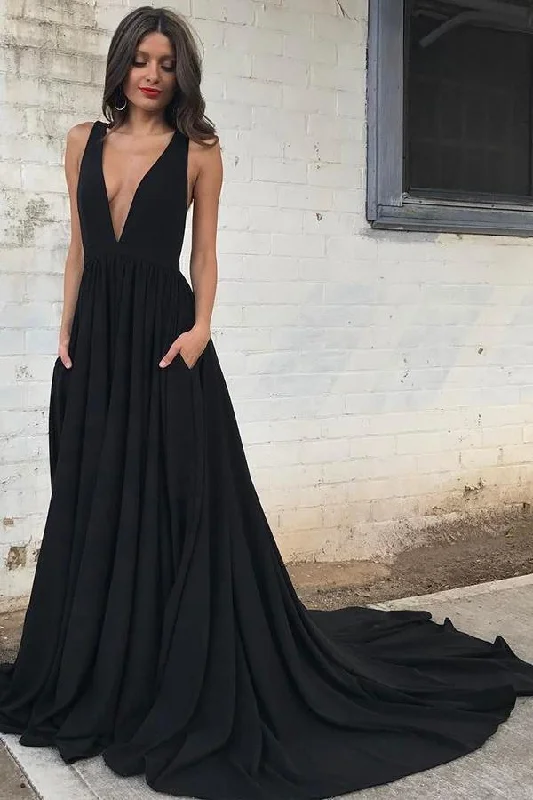 Shop More, Spend Less!Simple Black Chiffon Backless Deep V Neck A line Long Prom Dress PG559