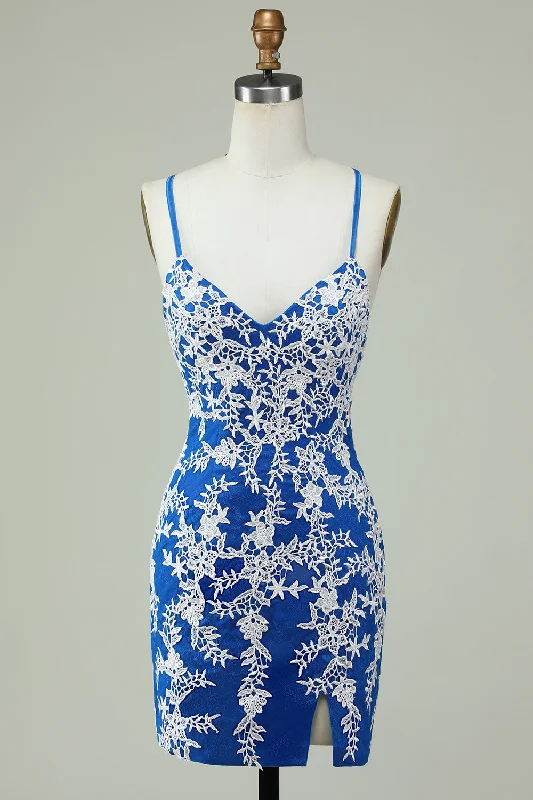 Your Shopping Wish, Our Discount Command!Spaghetti Straps Blue Sheath Short Prom Dress With Appliques