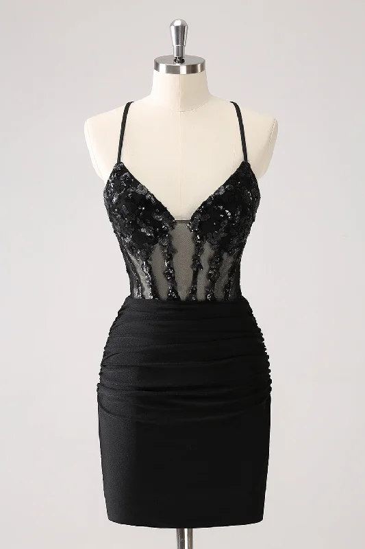 Unbeatable Prices!Sparkly Black Bodycon Spaghetti Corset Short Graduation Dress with Lace Up Back