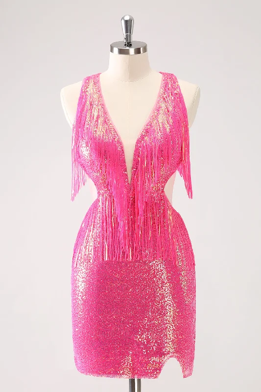 Best Offers of the Month!Sparkly Fuchsia V-Neck Backless Tight Graduation Dress with Tassel
